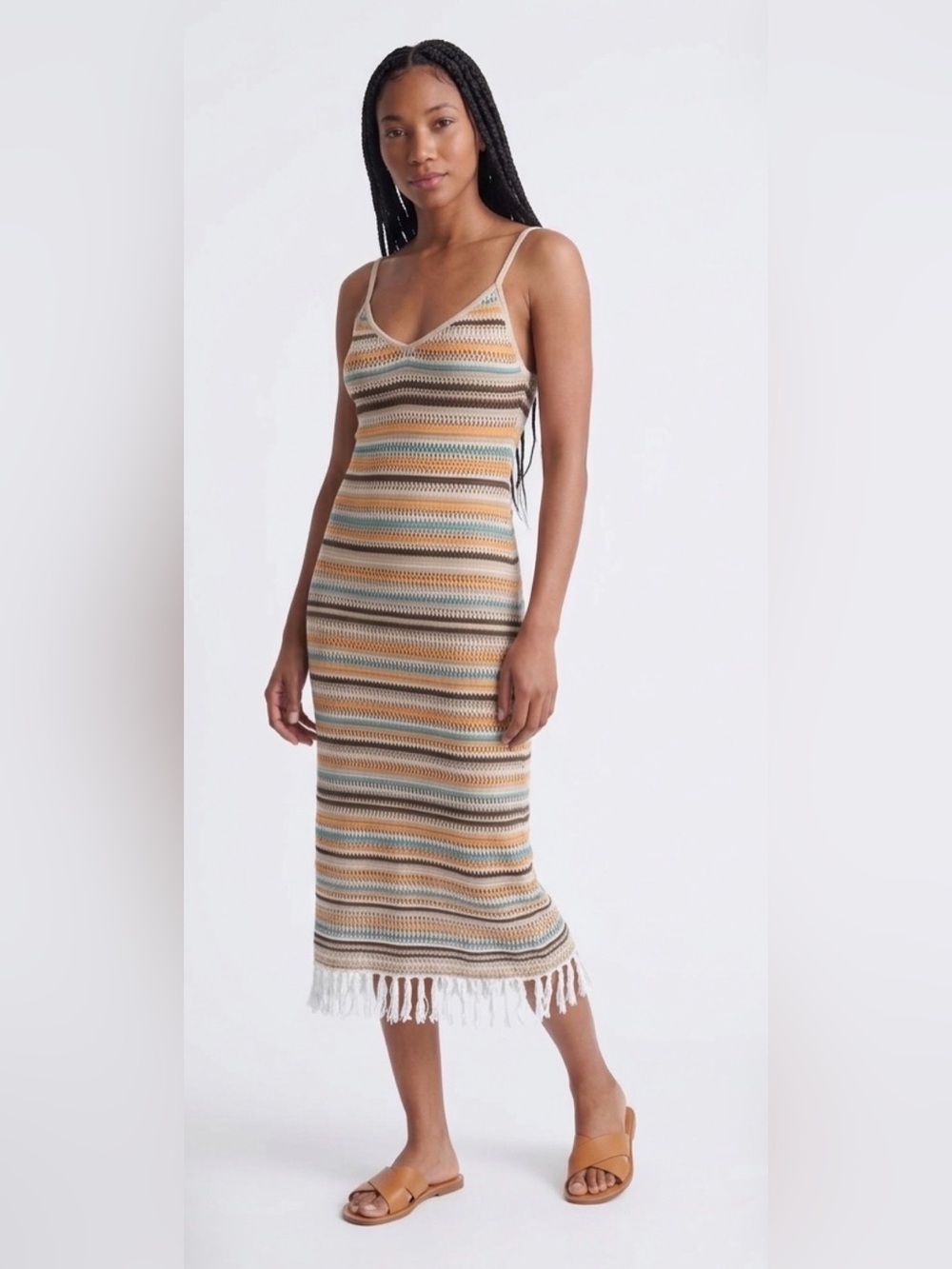 SO Sz XS Striped Crochet Midi Dress (Lined) with Fringe - Neutral Multi